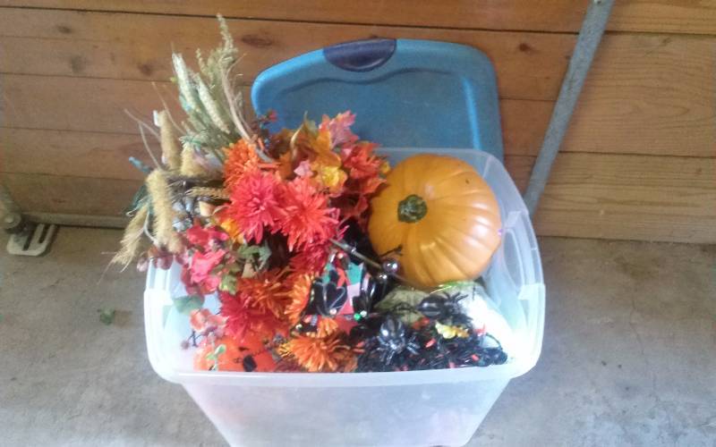 lot 280 image: Lot - Tote with Misc Fall & Halloween Decorations