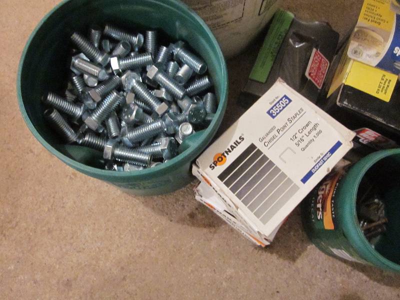 lot 41 image: Bolts, Nails, Staples, & Bucket of Misc