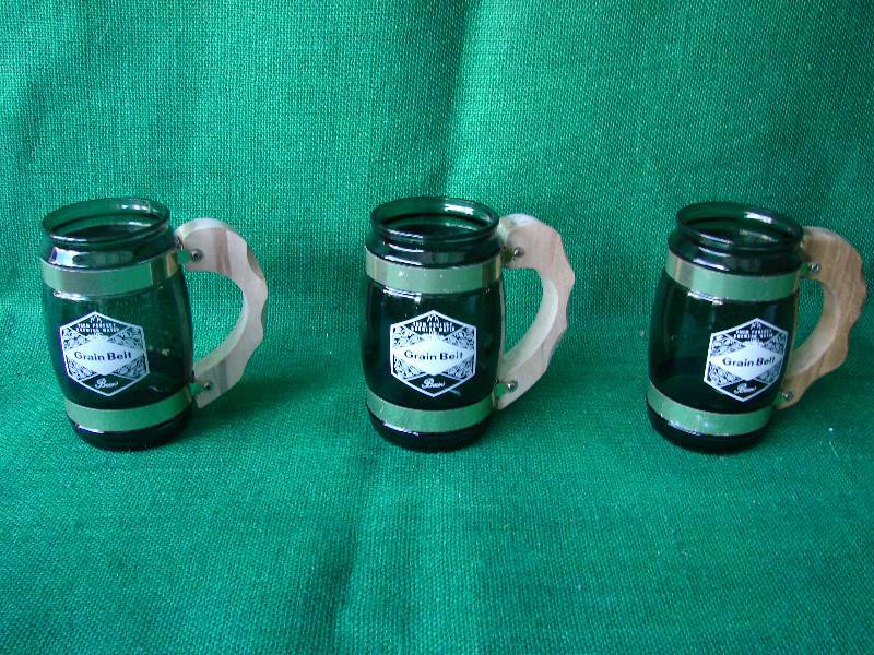 lot 123 image: VERY OLD Grain Belt beer mugs (Green Mugs with wood handle and metal straps)