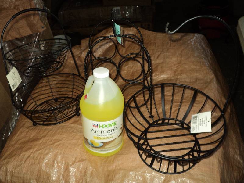 bottle of ammonia, bowl, wine bottl...