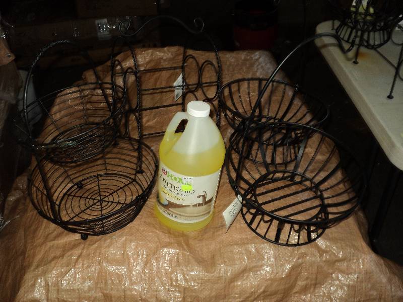 bottle of ammonia, 2 bowls, wine bo...