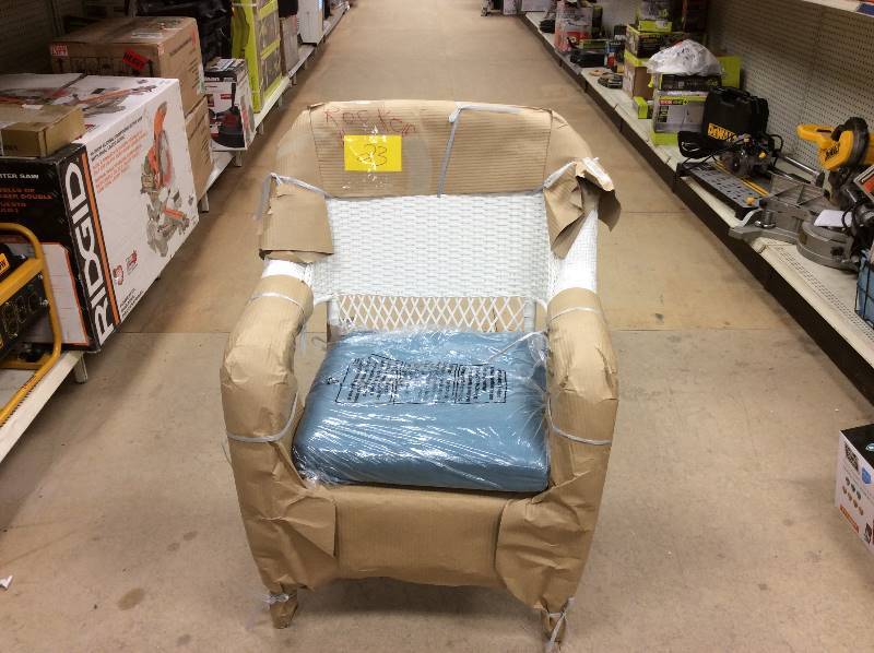 lot 23 image: Martha Stewart Charlottetown White All-Weather Wicker Patio Lounge Chair with Washed Blue Cushion