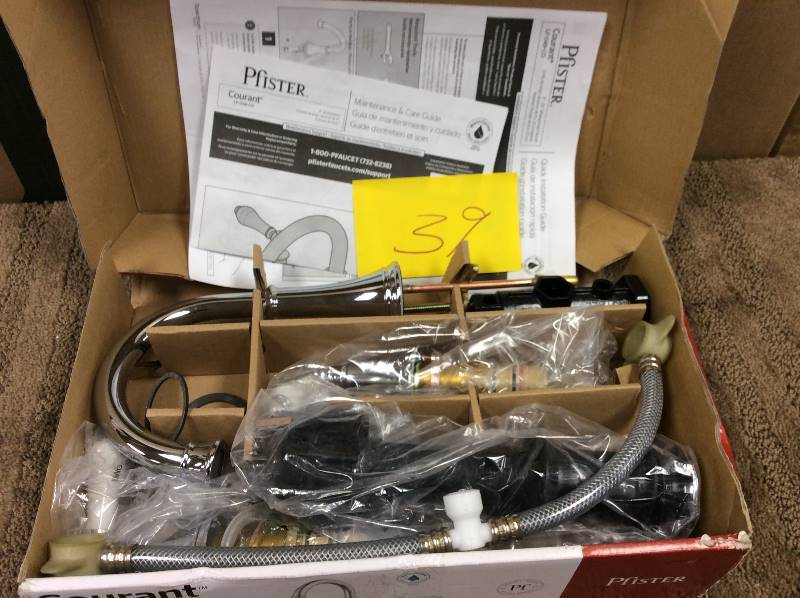 lot 39 image: Pfister Courant 8 in. Widespread 2-Handle Bathroom Faucet in Polished Chrome with White Handles