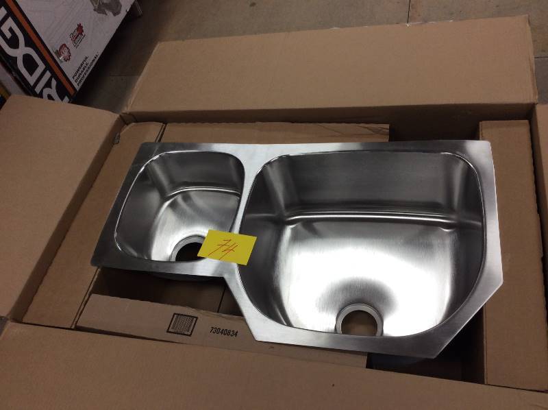 lot 74 image: Elkay Lustertone Undermount Stainless Steel 36 in. 0-Hole Double Bowl Kitchen Sink Retails for $540