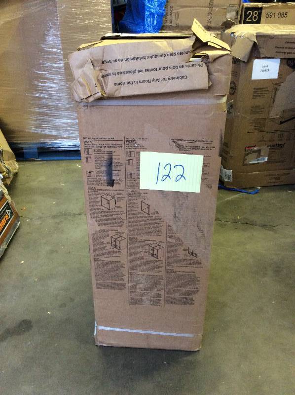 lot 122 image: Hampton Bay Hampton  36x18x12 in. Wall Bridge Kitchen Cabinet in Satin White slight damage see pictures