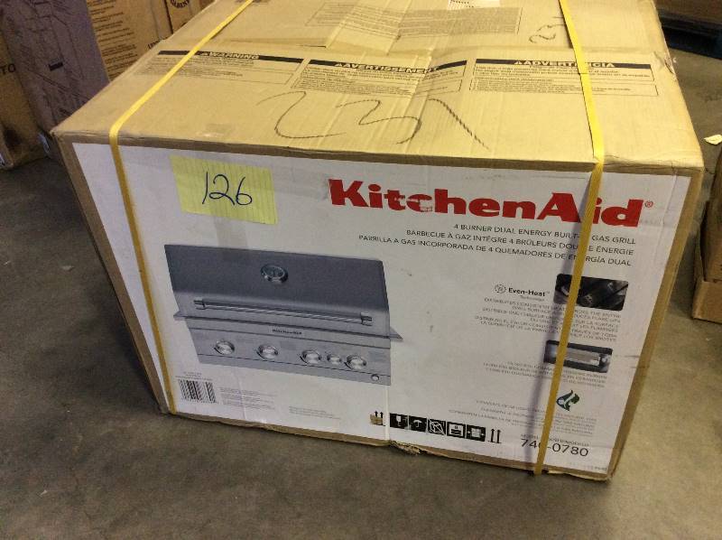 lot 126 image: Kitchen Aid 4-Burner Built-in Propane Gas Island Grill Head in Stainless Steel with Rotisserie Burner Retails for $799