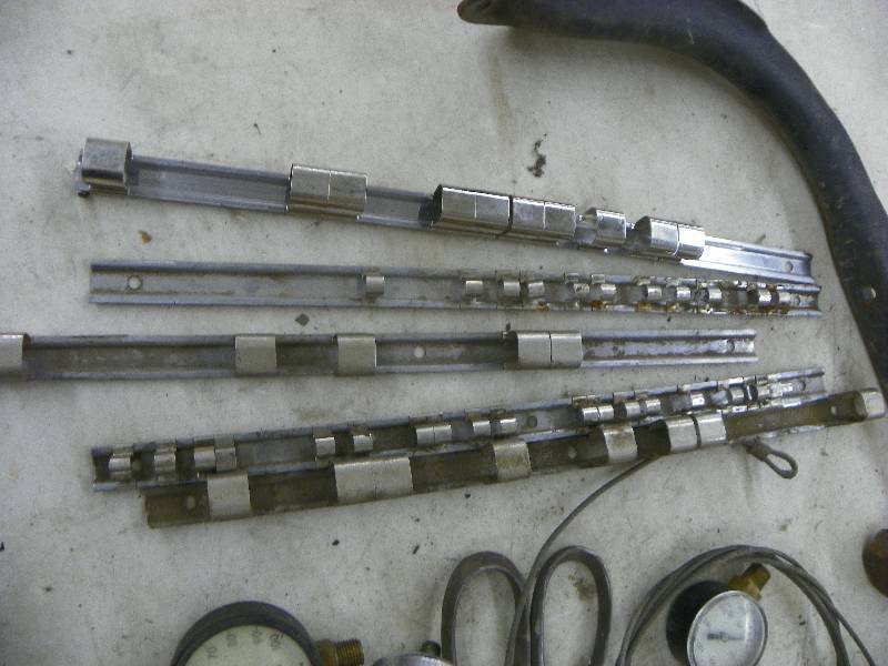 lot 265 image: Socket holders, tin snip, axe, mechanics wire, gauges and misc
