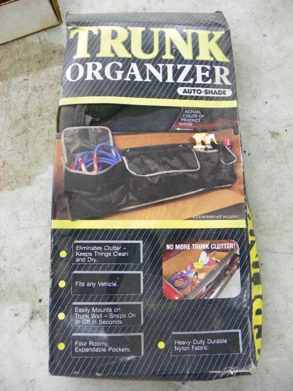 lot 266 image: Trunk organizer, oiler cans, shelf brackets, die grinder, soldering gun and misc