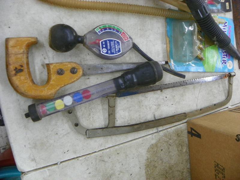 lot 269 image: Funnel, hand saw, hammer, misc garage items