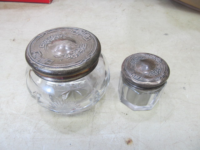 lot 10 image: Antique Cut Crystal Canisters wSterling Silver Lids