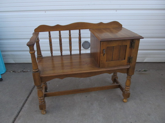 lot 117 image: Vintage Wood Telephone Bench wCabinet
