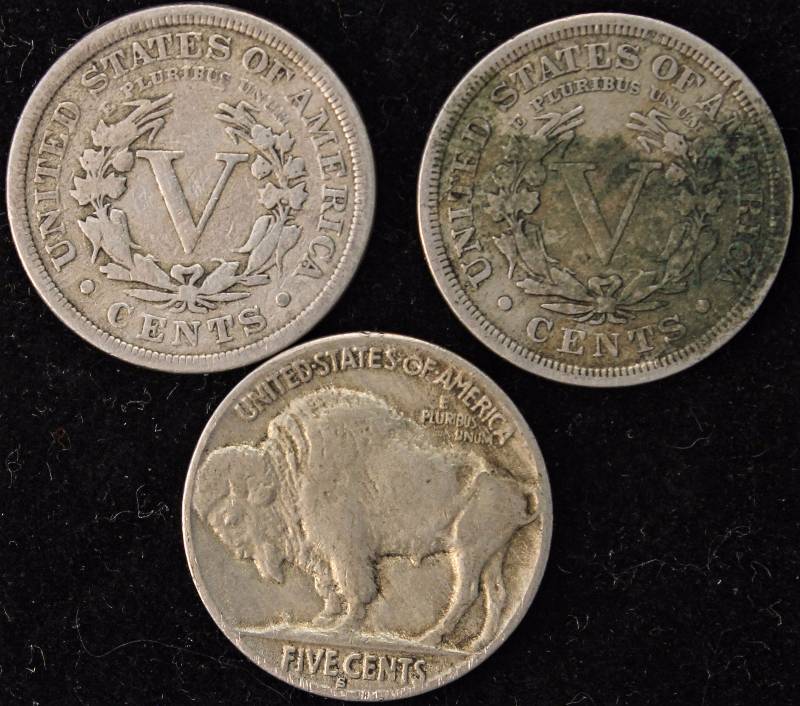 GROUP OF 3 NICKELS 1909 & 1911 LIBERTY V & 1936-S BUFFALO F-VF