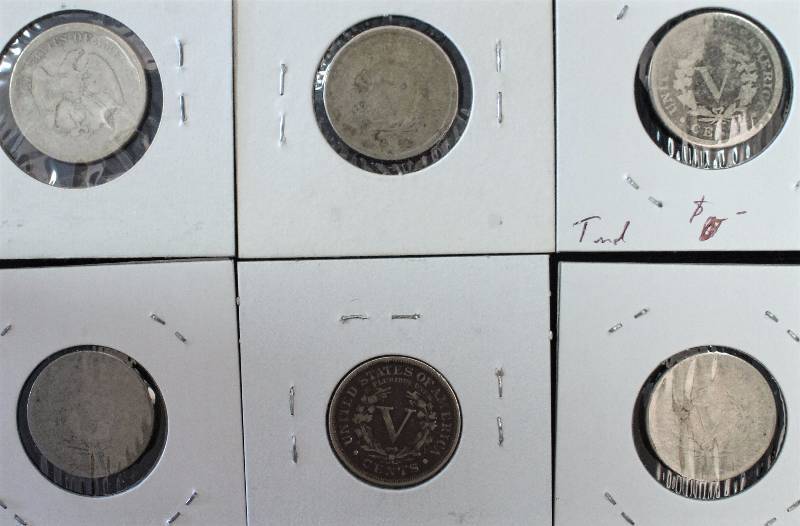GROUP OF 6 COINS 1875-S 20C, (5) LIBERTY V NICKELS 1887, 89, 90, 92, 94