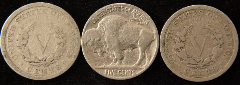 GROUP OF 3 NICKELS 1899 & 1910 LIBERTY V & 1936 BUFFALO VG-F