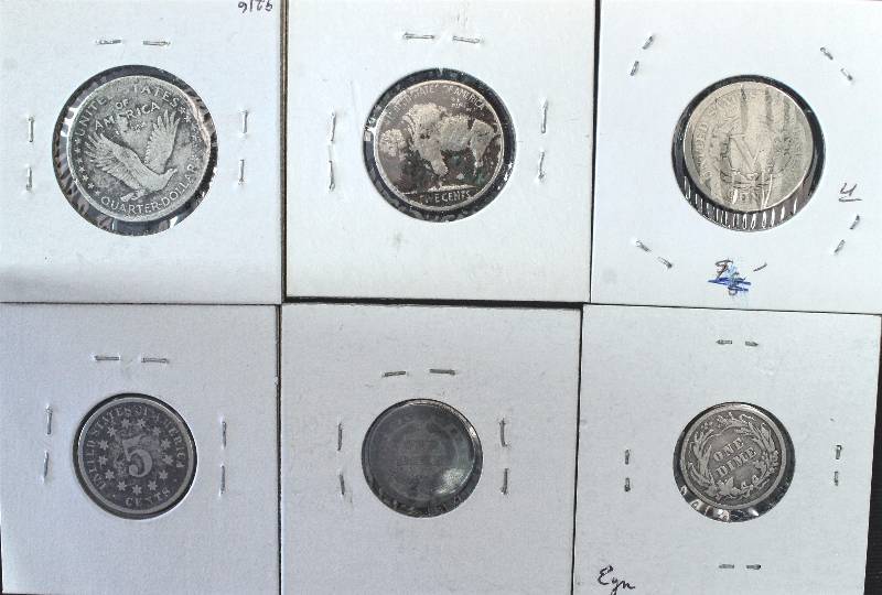 GROUP OF 6 COINS 1917 T1 25C 1842 & 1896 10C 1896, 1874 & 1917D 5C