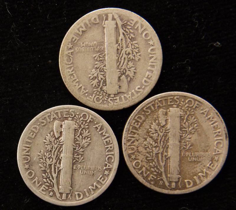 GROUP OF 3 MERCURY SILVER DIMES 1928P, 1941S, 1945S