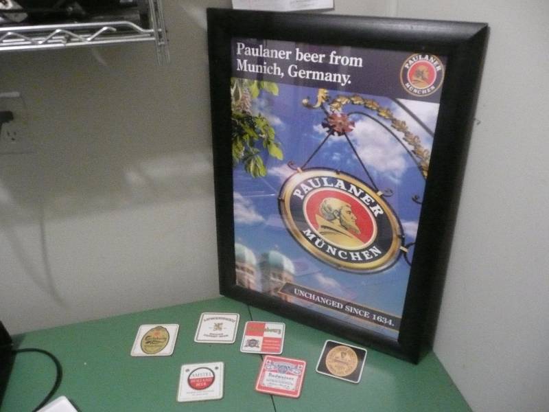 Paulaner Beer Bar Framed Sign - Approx 21wide 28high With 6 Beer Coaster Set, Schuberth tamat-secie - Made In West Germany - Heavy Cork Plastic Face