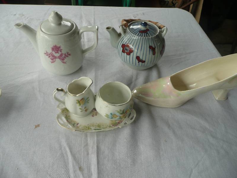 lot 14 image: Vintage 3 Tea Pots With Cream, Sugar & Candy Dishes Also Glass Shoe - See Pictures