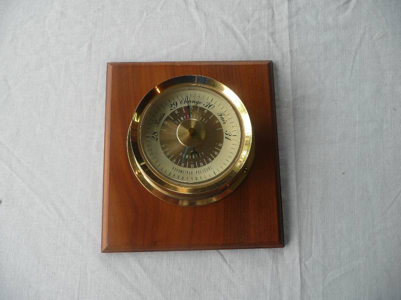 lot 20 image: 3 In 1 Vintage Barometer, Thermometer & Hydrometer Very Nice Condition - 24 Carrot Gold Plate Finish On Solid Wood Base -  Made In USA