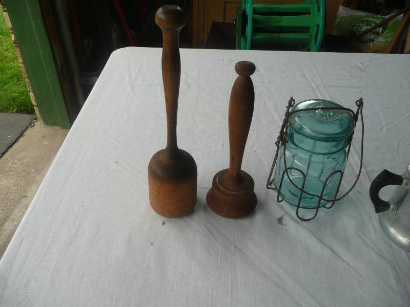 lot 23 image: Antique Wooden Potato Mashers, Aluminum Coffee Pot & Canning Jar - Cool Group See Pictures