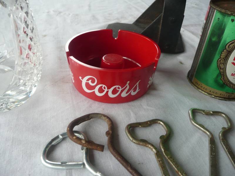 lot 40 image: Vintage - Coke Cans - Gluek Beer - Coors Ashtray - Dad Mug - Bottle Openers - Vintage Bottle Capper - See Pictures