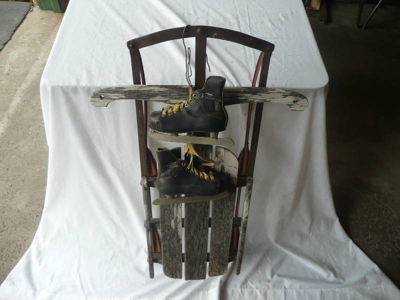 lot 43 image: 1950s Weathered Wood Sled With Steel Runners & Antique Bauer Leather 1st Year Skates - Very Cool See Pictures