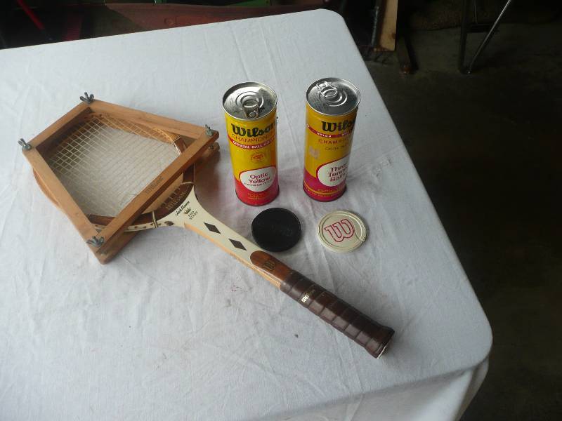 lot 57 image: 1970s Vintage Wood Jack Kramer Tennis Racket, Wilson Head Press - 2 Tin cans Of Vintage Wilson Balls Never Opened - Very Cool - See Pictures
