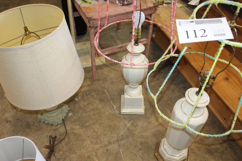 lot 112 image: Lot of (3) vintage table lamps with fabric wrapped shades. All in working order.