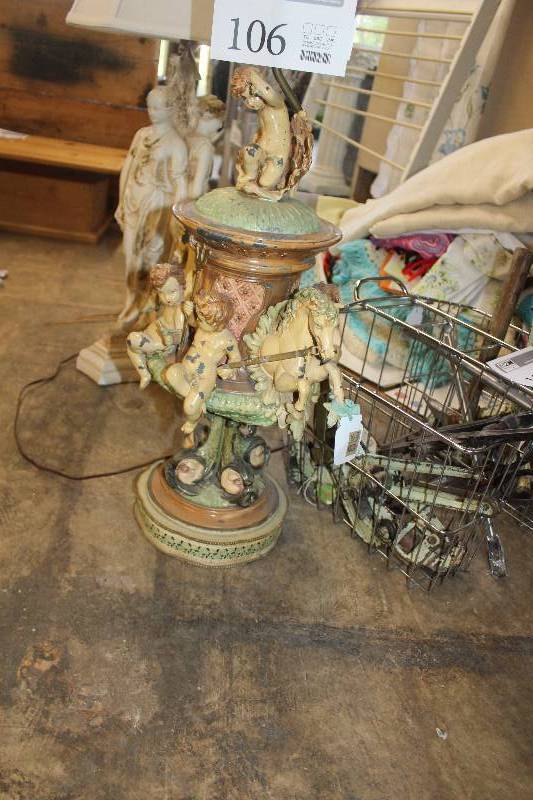 lot 106 image: Vintage Italian Metal cast lamp. High antique value. Angels. Circa 1930s. Eclesiastical.