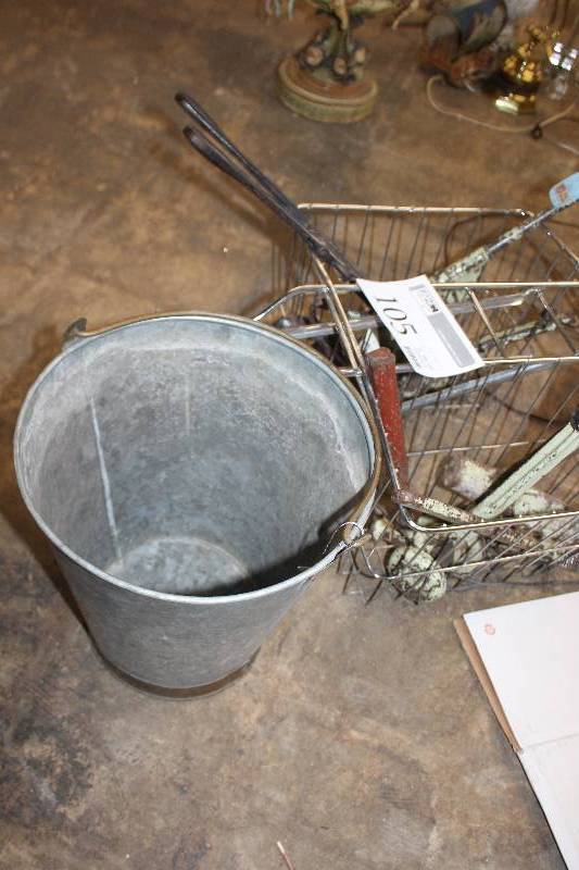 lot 105 image: Vintage hand tools. Vintage bike basket. Galvanized bucket with brass bottom.