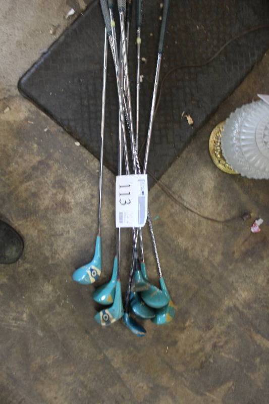 lot 113 image: Vintage Northwestern golf clubs. Rare aqua blue.