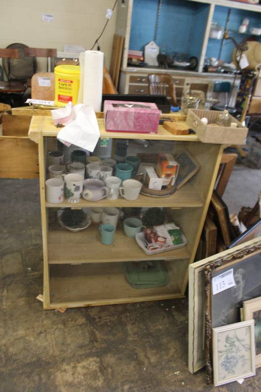 lot 116 image: Vintage rustic display shelf. Photo taken from the back. Vintage mugs included. Solid wood.