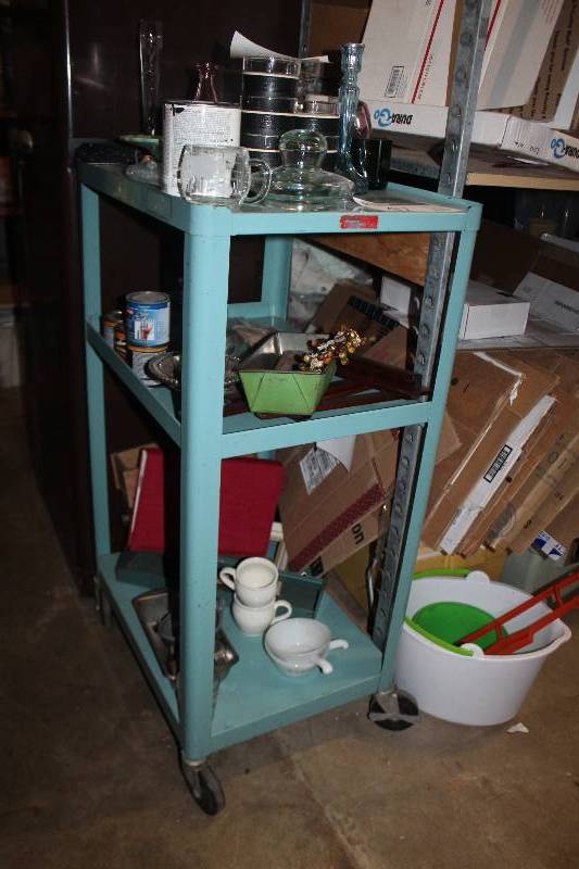 lot 47 image: Industrial metal rolling cart. Wheels run smooth. All joints good. Contents Not Included