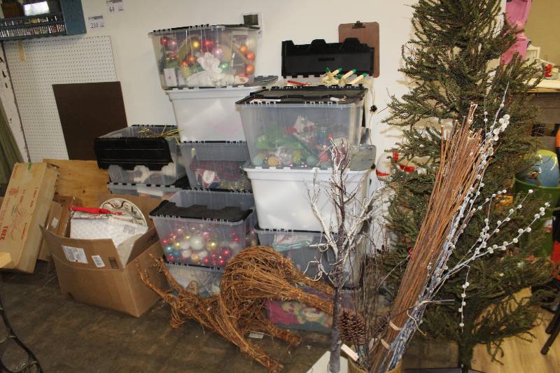 lot 42 image: Lot of (14) Bins of Christmas Decorations, Deer Topiary