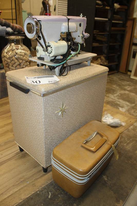 lot 30 image: Samsonite train case, Vintage sewing machine, Vintage laundry hamper.