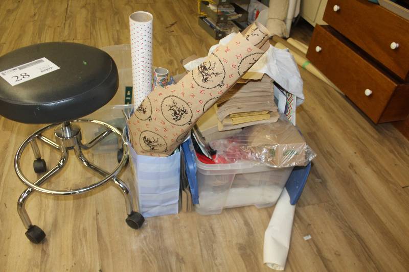lot 28 image: Medical grade Rolling Stool, Commercial grade chinese take out containers, packing paper. vintage wrapping paper, & kraft paper bags.