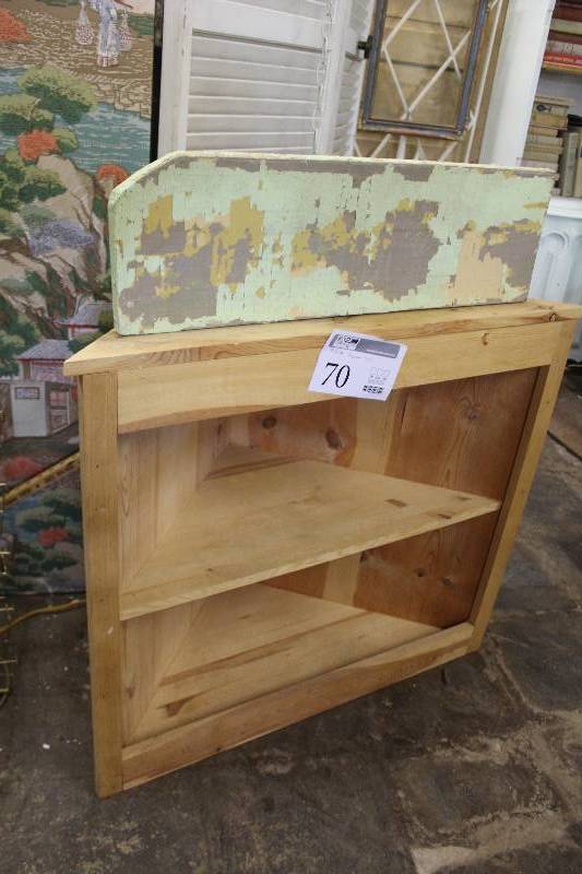lot 70 image: Corner shelf. Great painting project. On top, mint green farm board shelf with metal brackets.