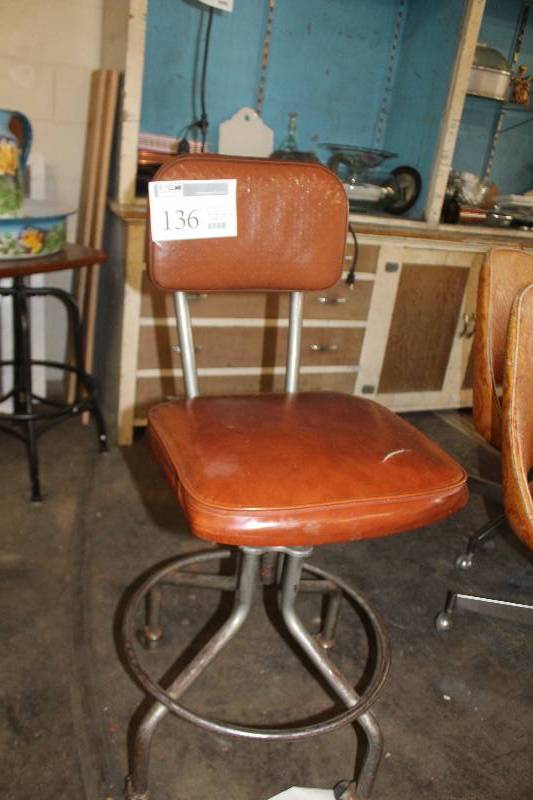 lot 136 image: Vintage drafting, industrial stool. All parts in working order.