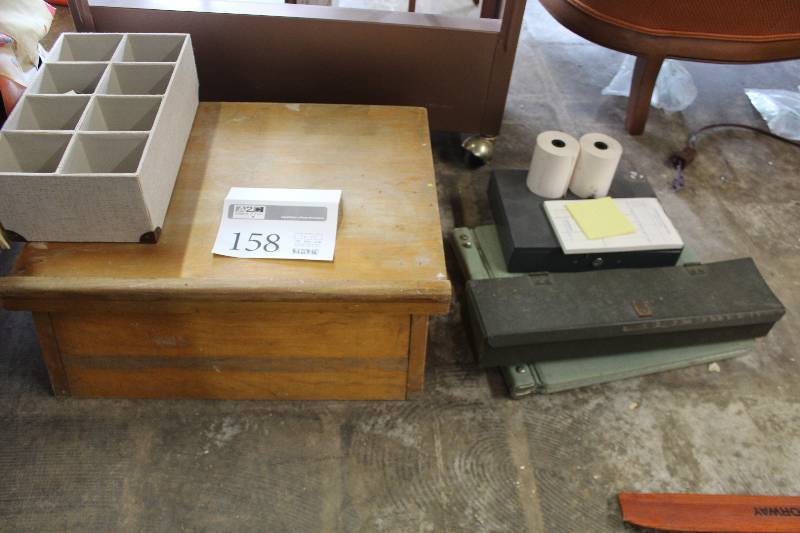 lot 158 image: Lock Boxes, Wood Riser, Accounting Ledger, Office Supplies