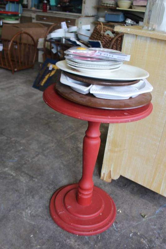 lot 188 image: Round Wood Side Table w Kitchenware