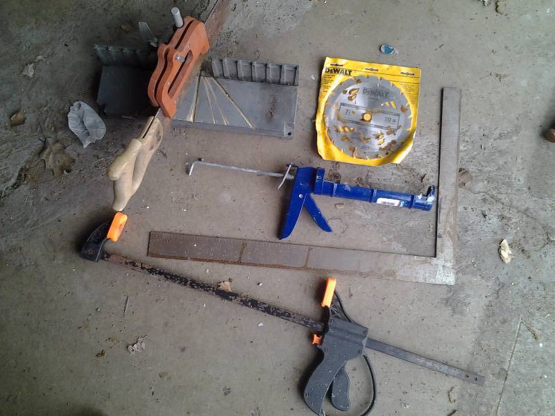 lot 32 image: Miter Box, Square, Caulking Gun, Bar Clamp