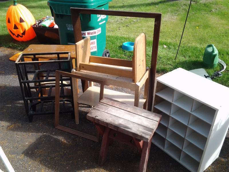 lot 42 image: Assorted Wood Tables, Cabinets, Bench, Frames