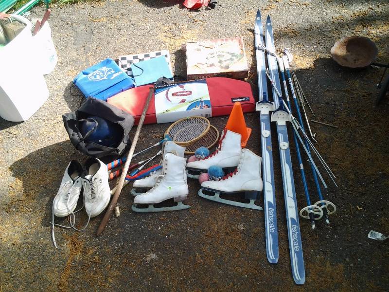 lot 51 image: Sporting Goods & Games Cross Country Skis & Poles, Ice Skates, Ball & Shoes, Scrabble & Tripoli Games