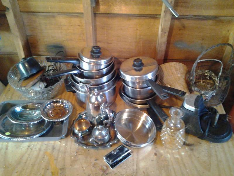 lot 63 image: 2-Large Piles Kitchen Ware-Pots, Pans, Jars, Misc