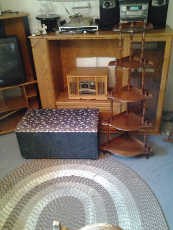 lot 94 image: Tier Corner Shelf 54 Inches Tall, TrunkChest Toy Box On Wheels 18x34x16, Oval Braided Rug 66x72