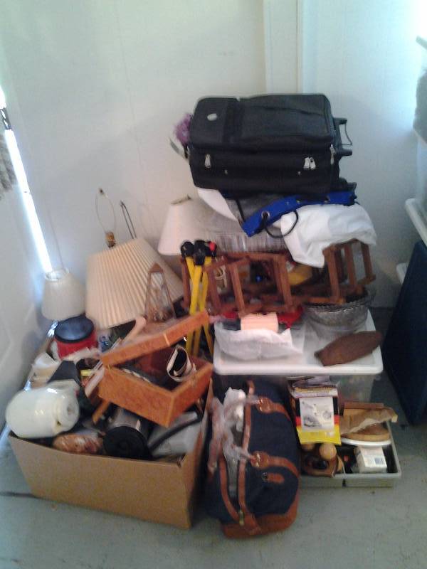 lot 97 image: Large Pile Buyer Takes All Lamps, Kitchen Wares, Clear Tote With Lid, Hardware