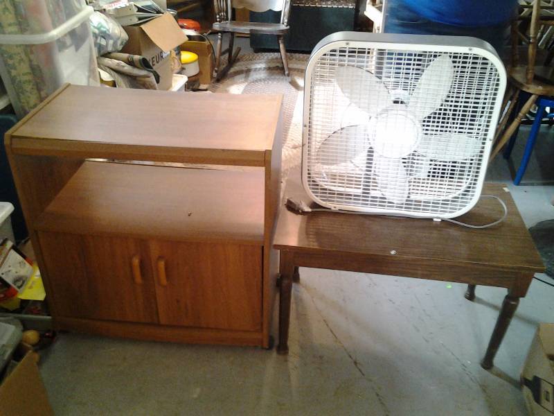 lot 104 image: Table 29x18x18, Rolling Microwave StandStorage Cabinet 28x16x30, Box Fan