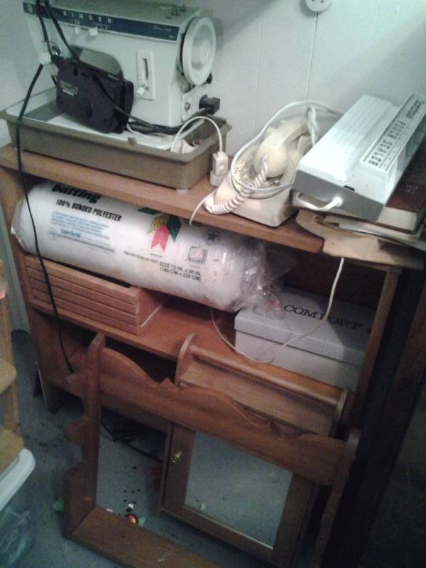 lot 110 image: Wood Bookshelf 30x10x32, Singer Portable Sewing Machine, Small Gun Rack, Small Med. Cabinet