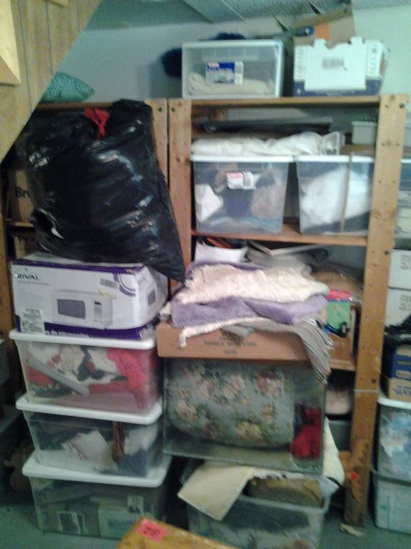 lot 113 image: 2 Wood Shelf Units & All Contents 35x22x69, Clear Tote Bins Christmas Misc. Bring Boxes, Bring Help, Buyer Takes All