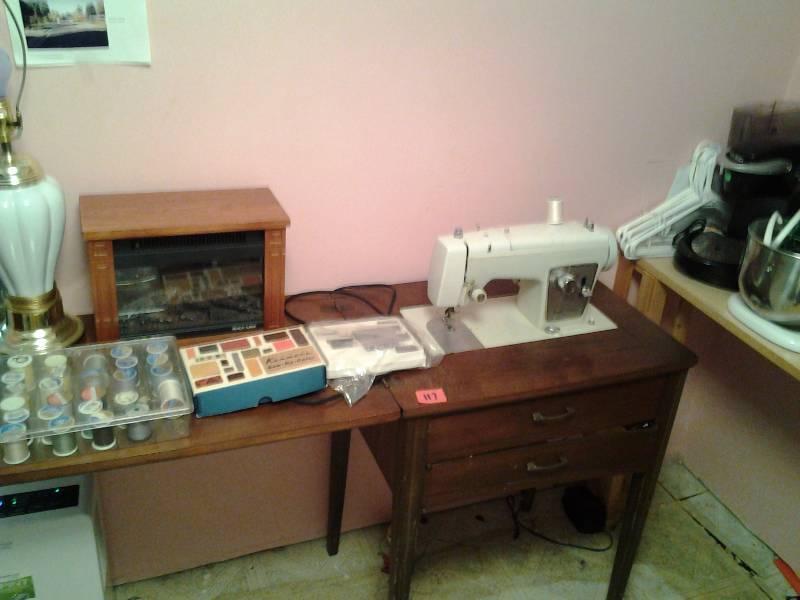 lot 118 image: Sears Kenmore Portable Sewing Machine With Cabinet, Lamp, Electric Heater
